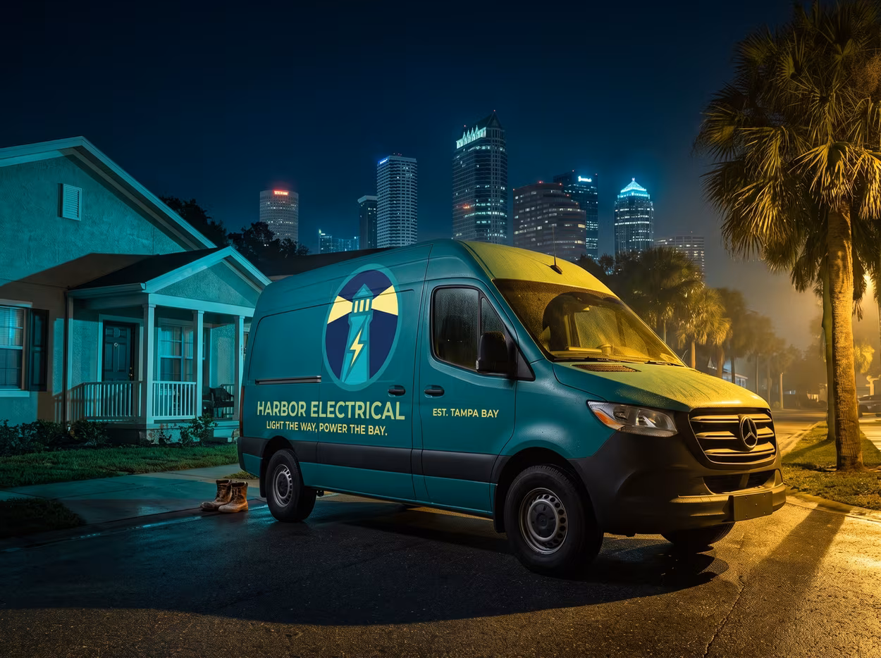 Harbor Electrical van on the night streets of Tampa.