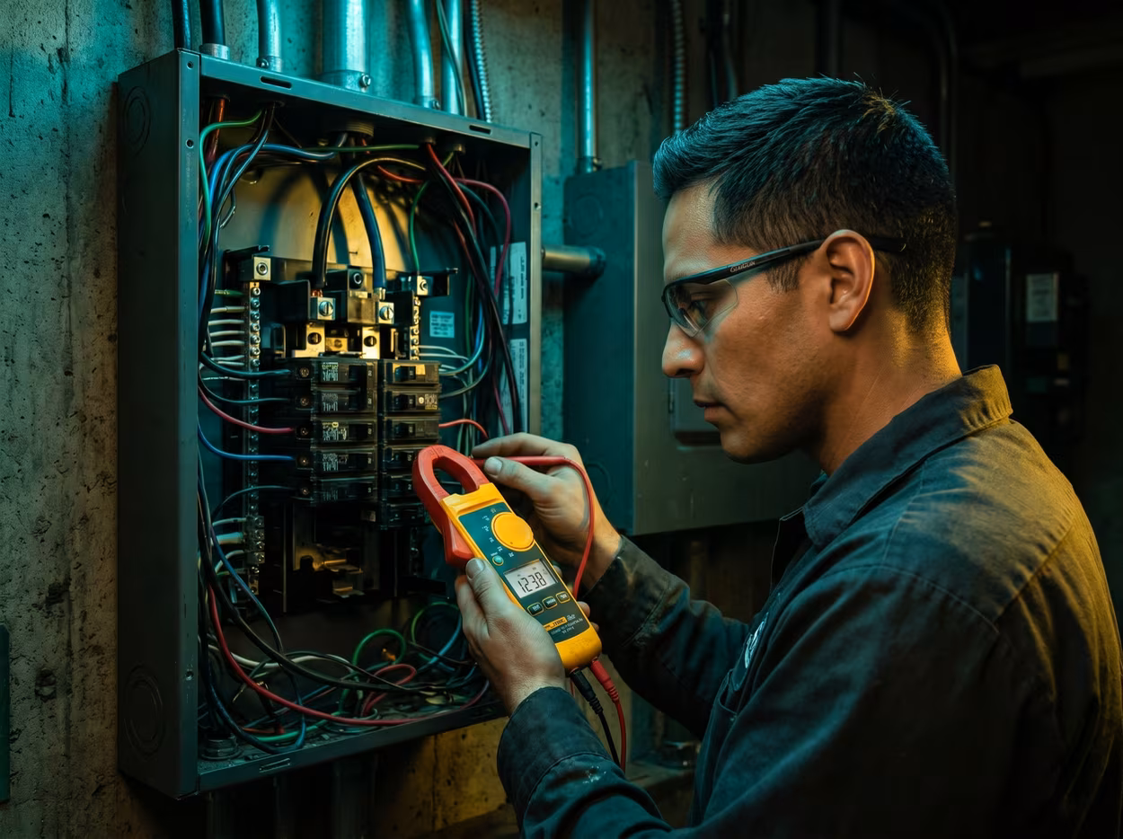 Electrician measuring wires at the breaker panel.