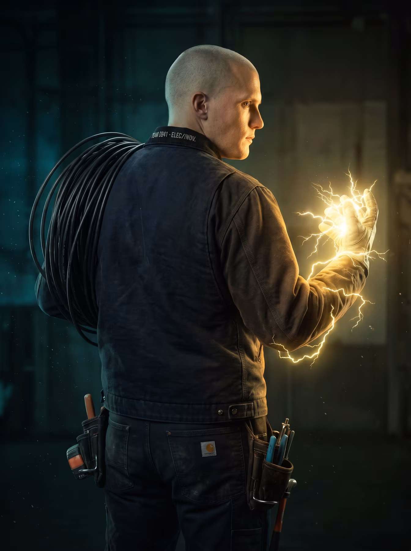 Electrician with a bundle of wire on his shoulder looking epicly over his shoulder.