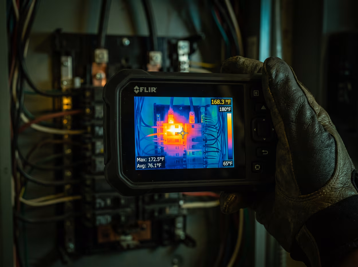 First-person view of an electrician checking wires with a thermal camera.