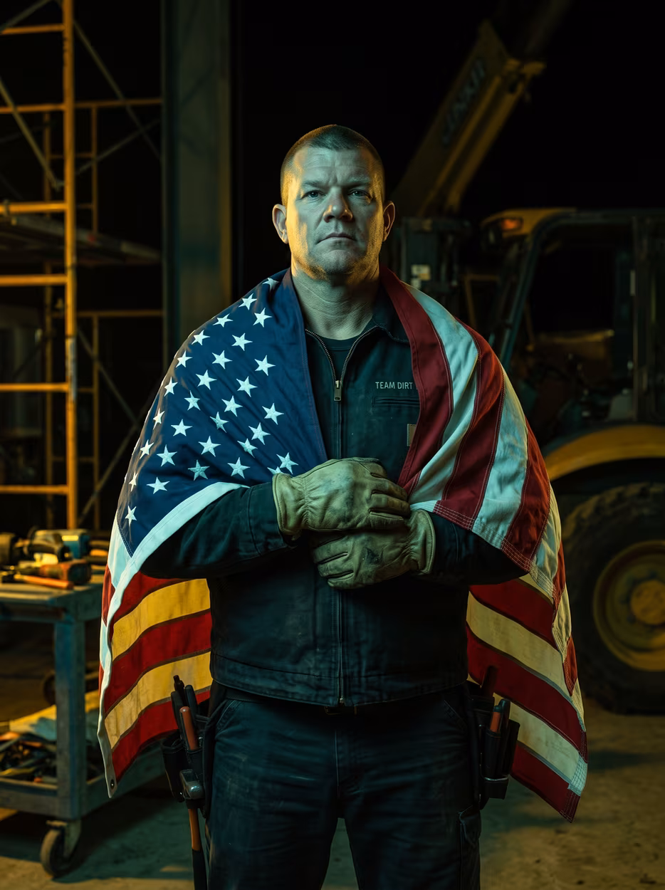 Veteran electrician with American flag over his shoulders.